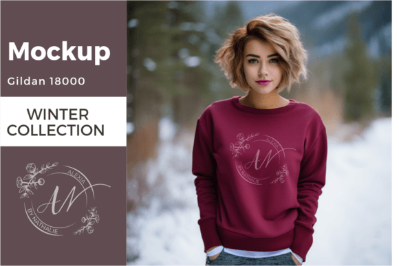 Download Garnet Gildan 18000 Mockup Female Model - Premium Resources